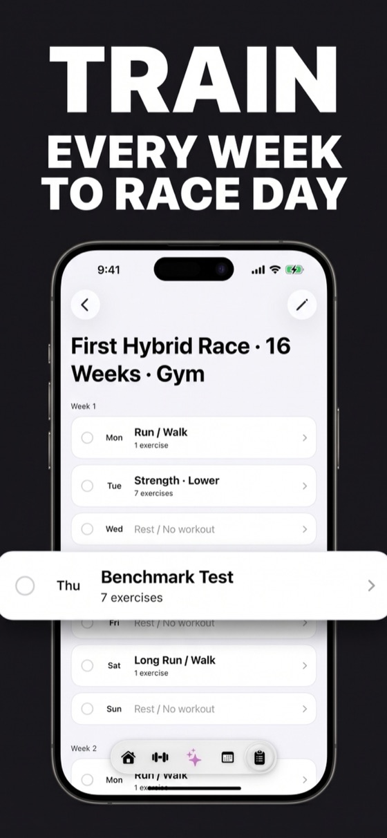 A 16-week first race plan, week 1, with the benchmark test on Thursday