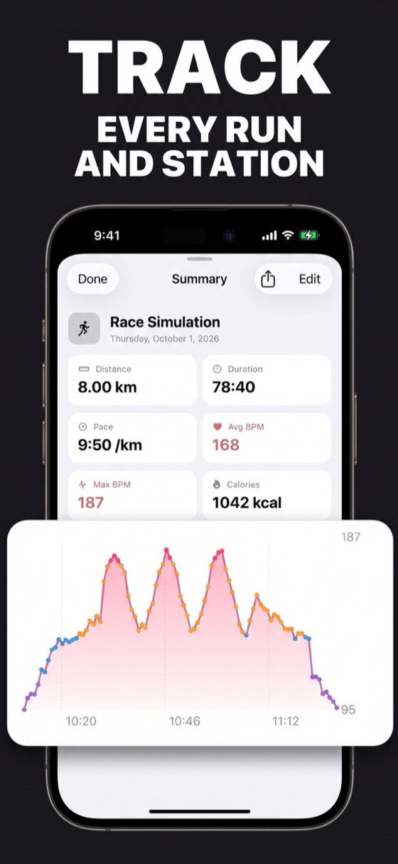 A logged race simulation: 8 km, 78 minutes, heart rate over the session