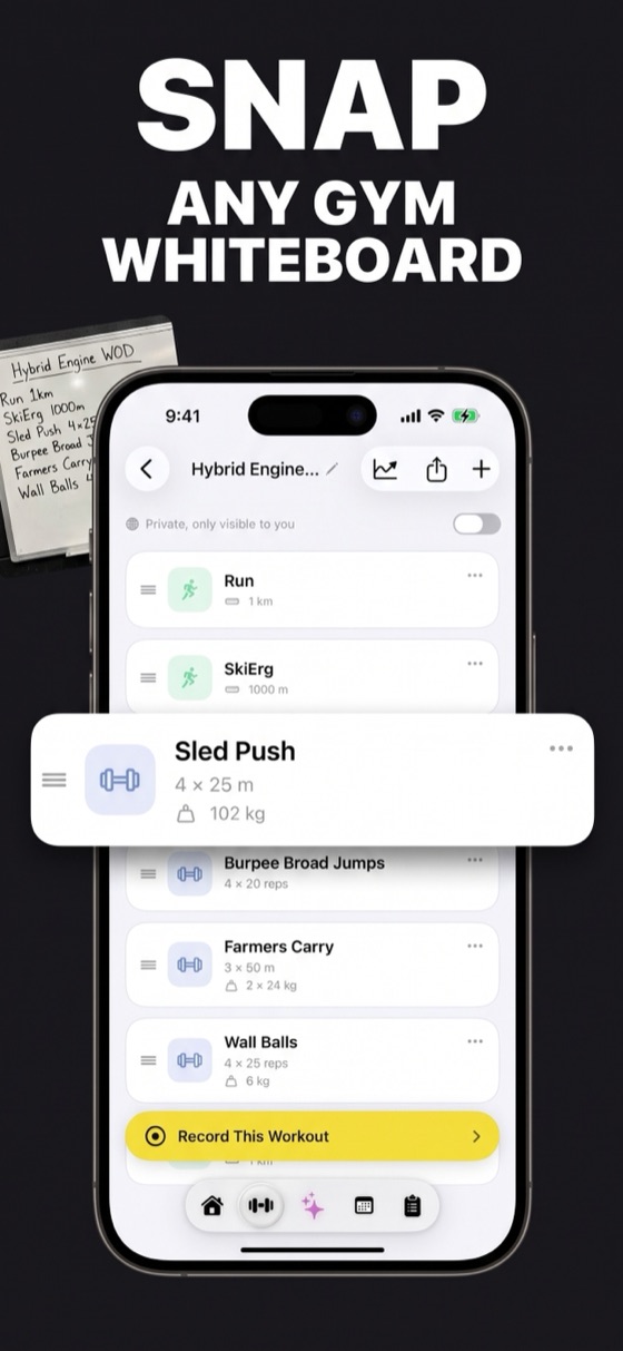 A gym whiteboard photo turned into a logged hybrid workout
